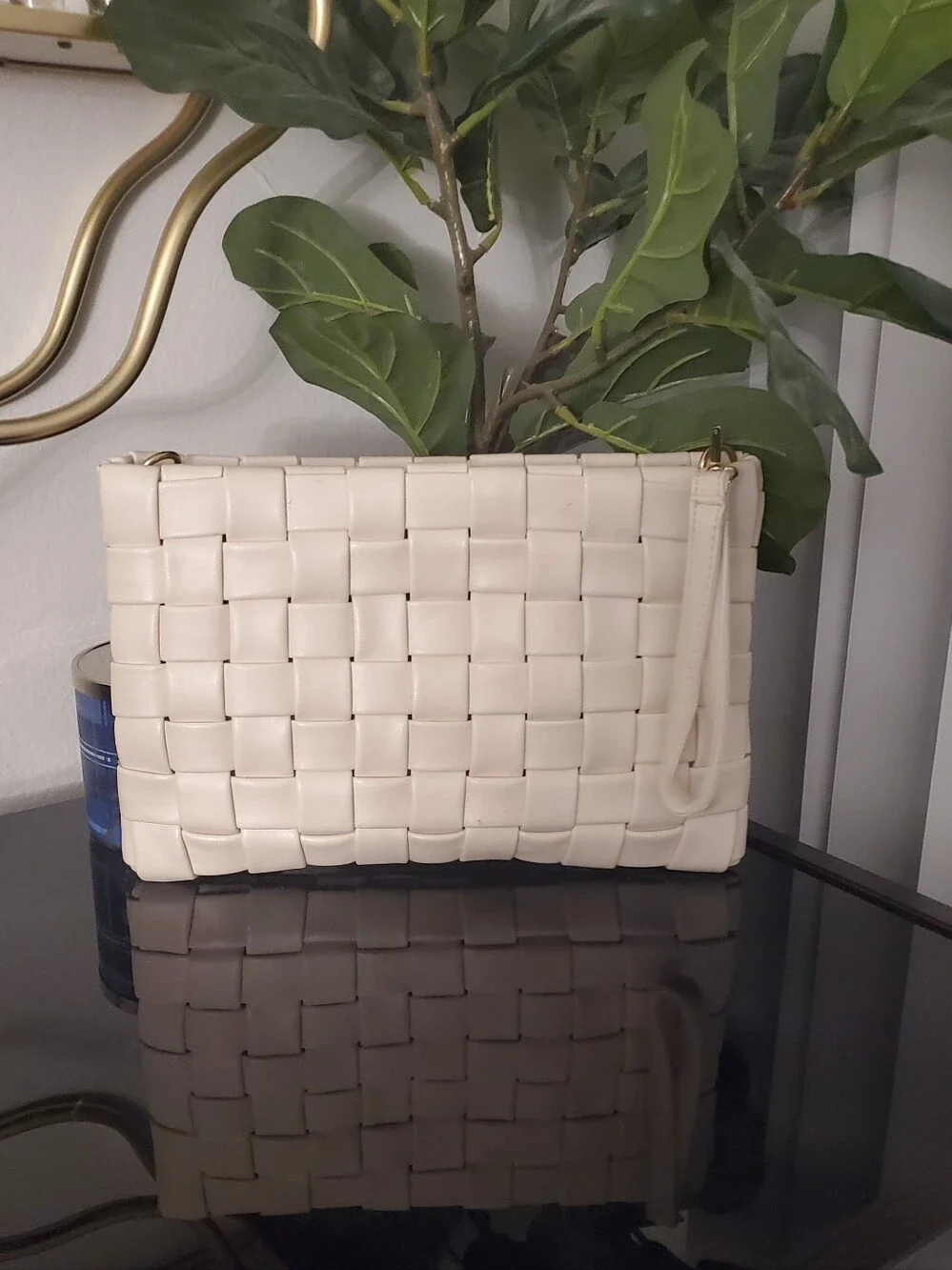 💕 Miss Lola 💕 Cream Woven Vegan Leather Clutch Wristlet Shoulder Bag